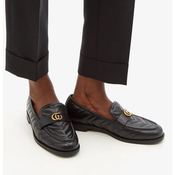 GUCCI Marmont Black Loafers 38.5 US 8 Matelasse Leather Quilted GG Logo - Picture 1 of 14